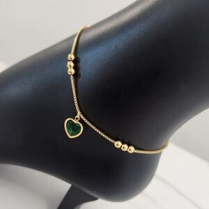 Gold Plates Beaded Anklet Bracelet with Emerald Green Heart Charm